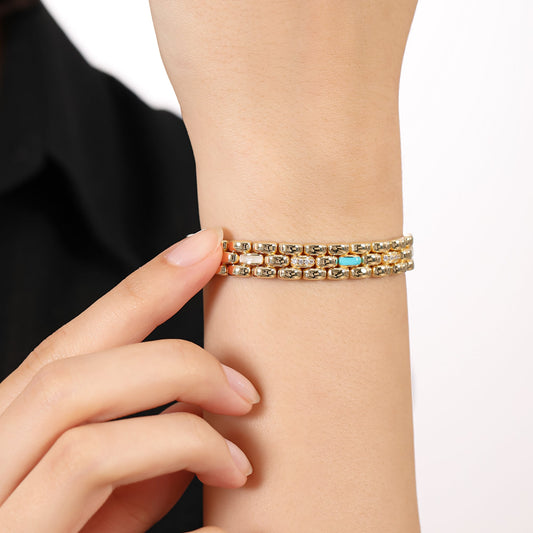 Le Lien Royal - İnci ve Mavi Mineli 18 Ayar Altın Kaplama Gümüş Bileklik