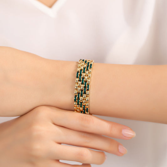 Le Lien Royal - Yeşil Zigzag Desenli 18 Ayar Altın Kaplama Gümüş Bileklik