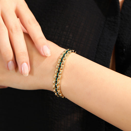 Lorenzo 9MM 14K  Gold Bracelet With Green Enamel